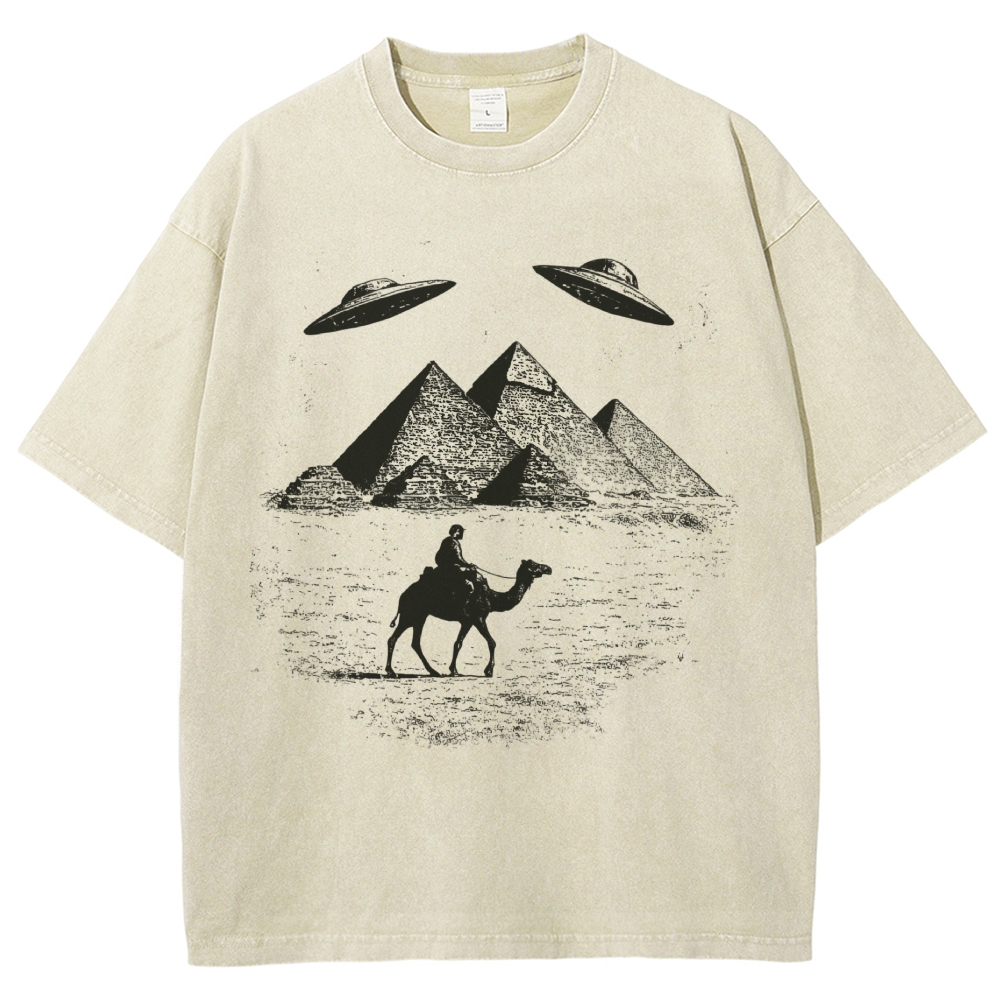 UFO Pyramid Camel Desert Woodcut Off White Distressed Vintage Washed T-Shirt