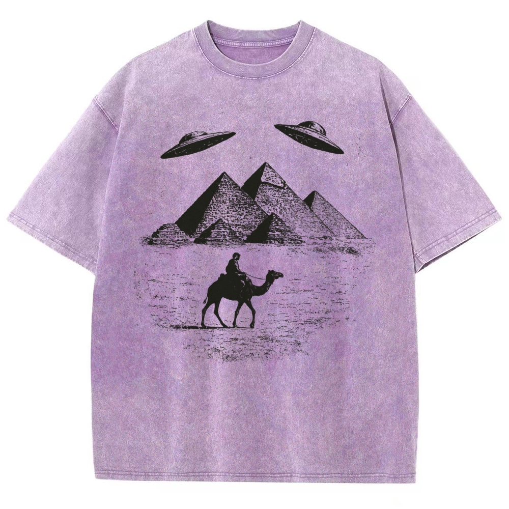 UFO Pyramid Camel Desert Woodcut Off White Distressed Vintage Washed T-Shirt