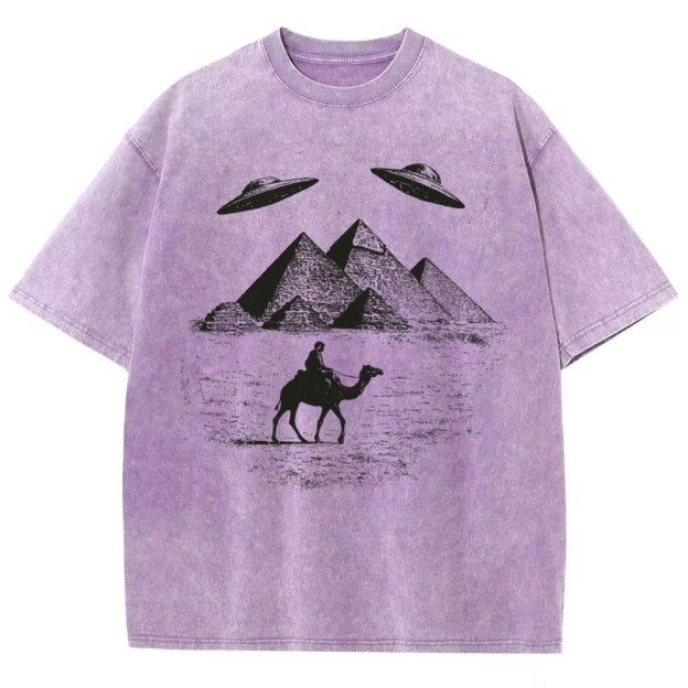UFO Pyramid Camel Desert Woodcut Off White Distressed Vintage Washed T-Shirt