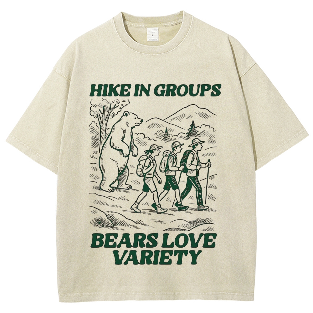 Funny Bear Hiking Group Warning Green Line Art Vintage Washed T-Shirt