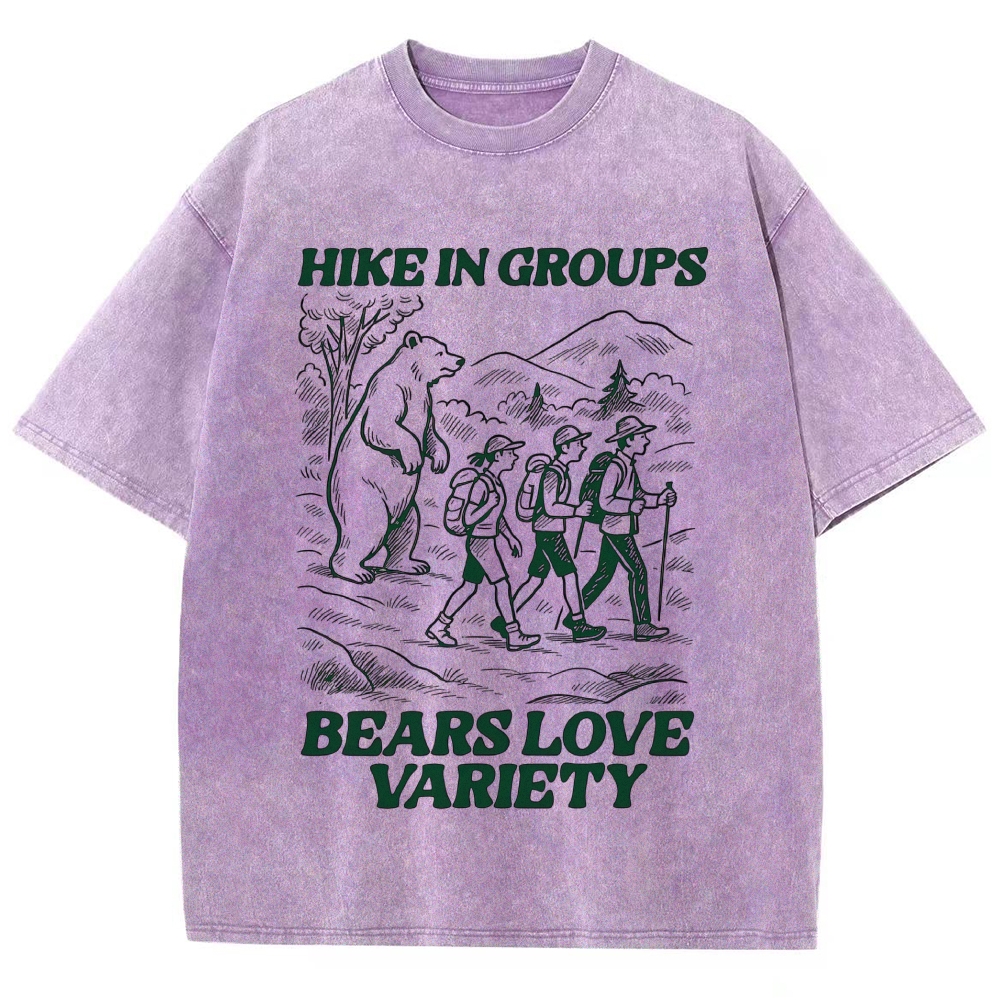 Funny Bear Hiking Group Warning Green Line Art Vintage Washed T-Shirt