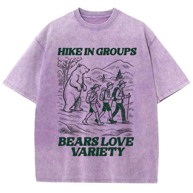Funny Bear Hiking Group Warning Green Line Art Vintage Washed T-Shirt