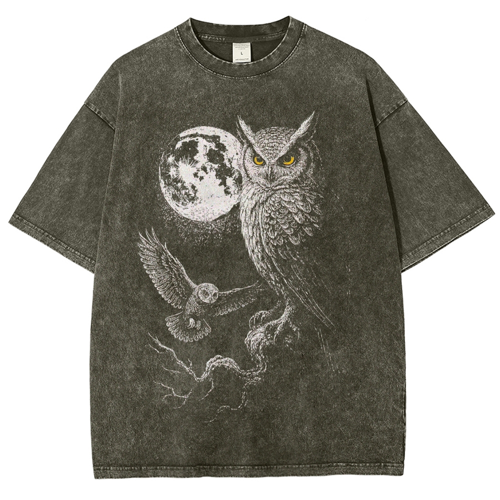 Full Moon Two Owls Detailed Sketch Dark Grey Distressed Vintage Washed T-Shirt