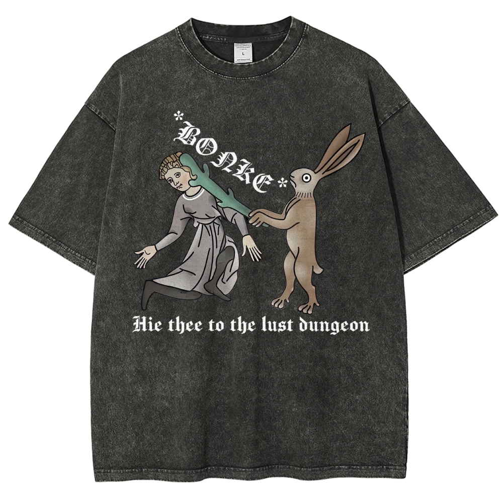 Medieval Manuscript Rabbit Bonking Lady Old English Script Vintage Washed T-Shirt