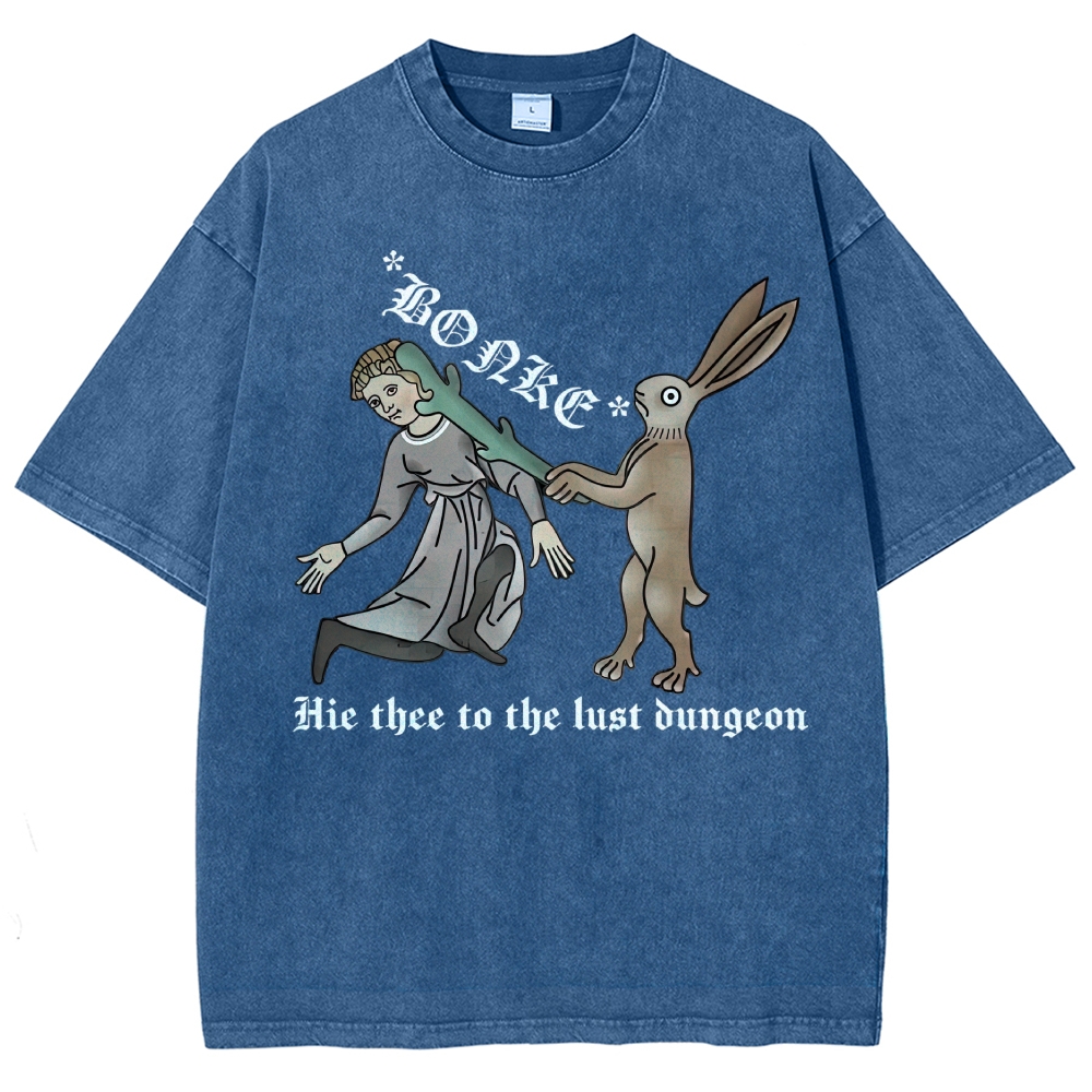 Medieval Manuscript Rabbit Bonking Lady Old English Script Vintage Washed T-Shirt