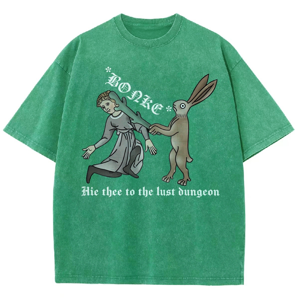 Medieval Manuscript Rabbit Bonking Lady Old English Script Vintage Washed T-Shirt