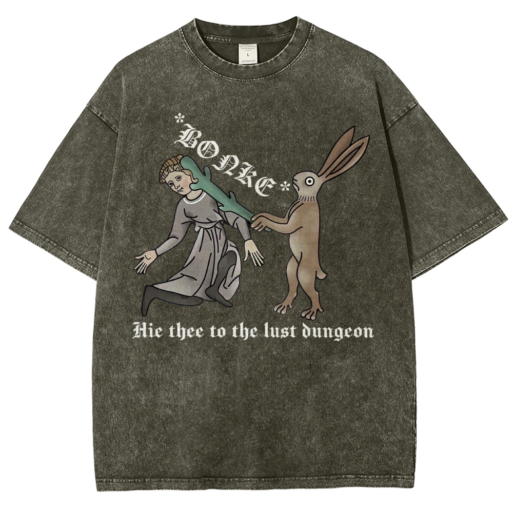 Medieval Manuscript Rabbit Bonking Lady Old English Script Vintage Washed T-Shirt