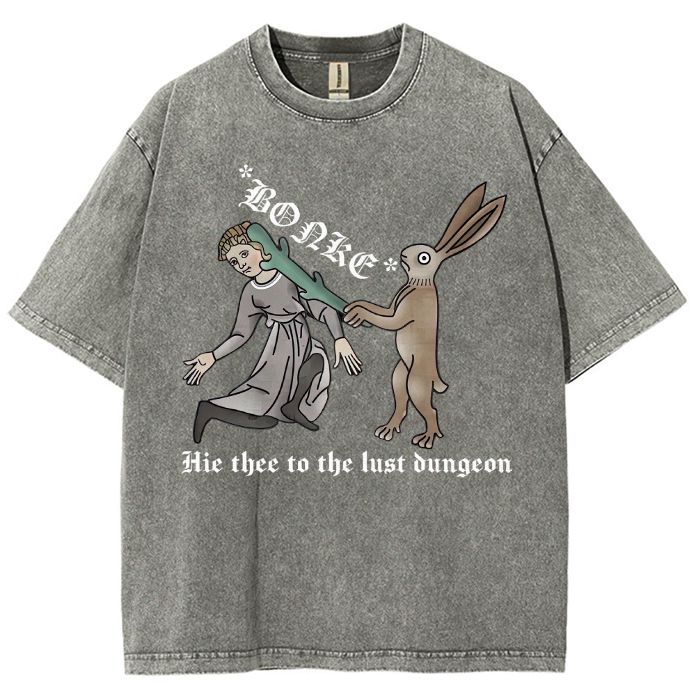 Medieval Manuscript Rabbit Bonking Lady Old English Script Vintage Washed T-Shirt