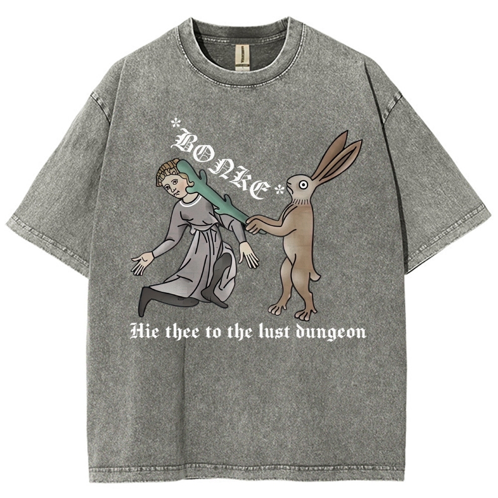 Medieval Manuscript Rabbit Bonking Lady Old English Script Vintage Washed T-Shirt