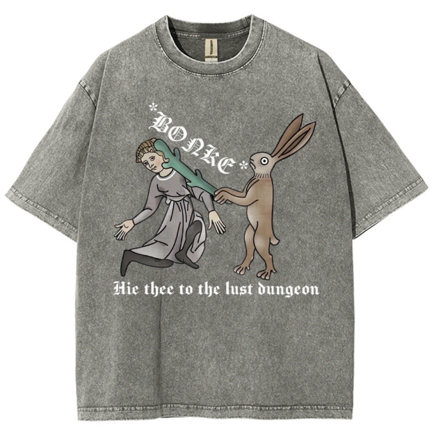 Medieval Manuscript Rabbit Bonking Lady Old English Script Vintage Washed T-Shirt