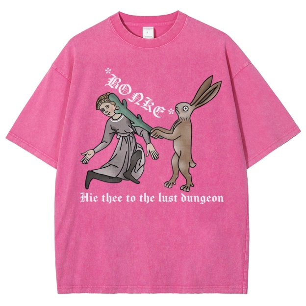 Medieval Manuscript Rabbit Bonking Lady Old English Script Vintage Washed T-Shirt
