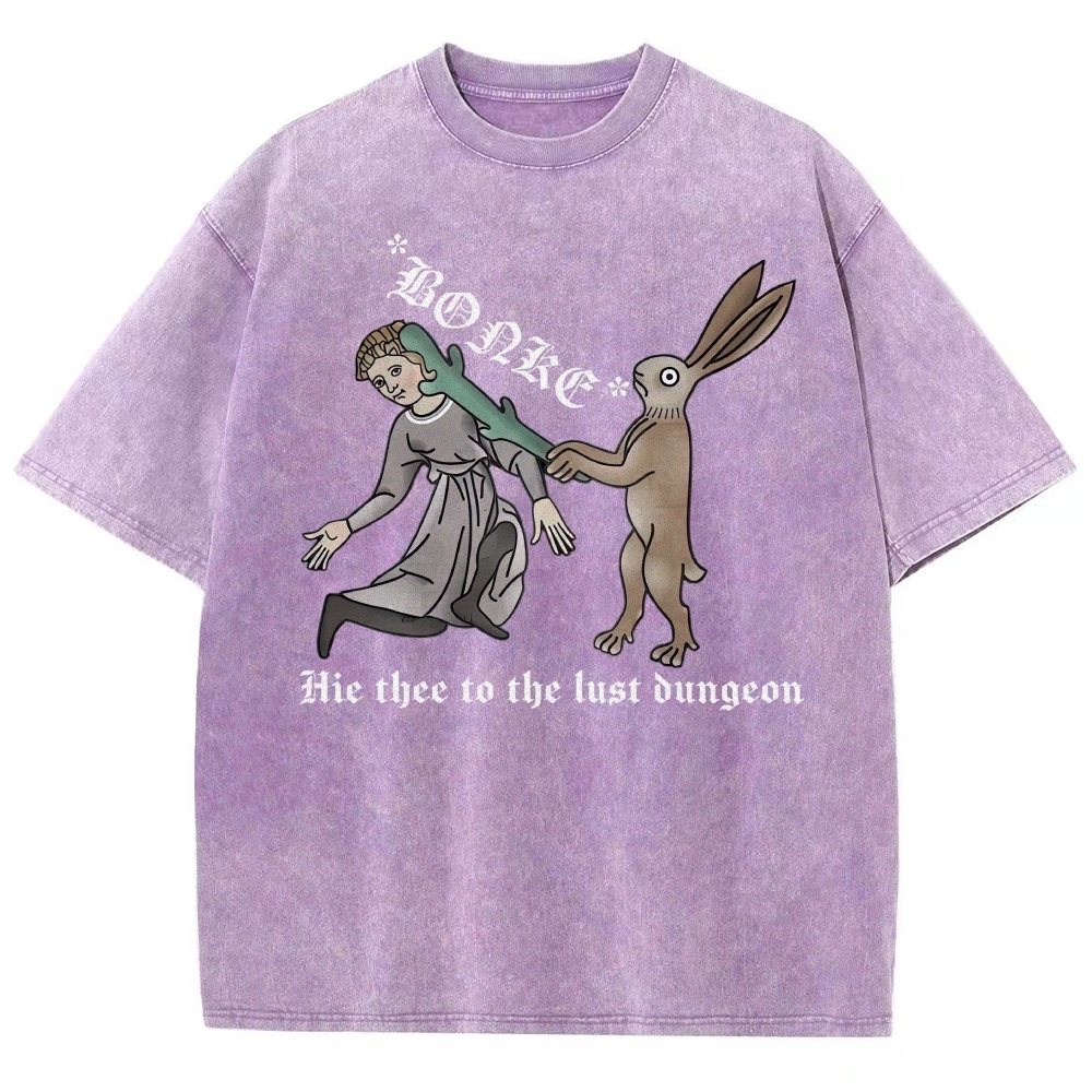 Medieval Manuscript Rabbit Bonking Lady Old English Script Vintage Washed T-Shirt
