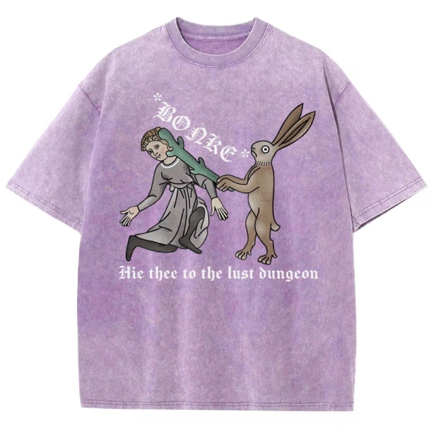 Medieval Manuscript Rabbit Bonking Lady Old English Script Vintage Washed T-Shirt