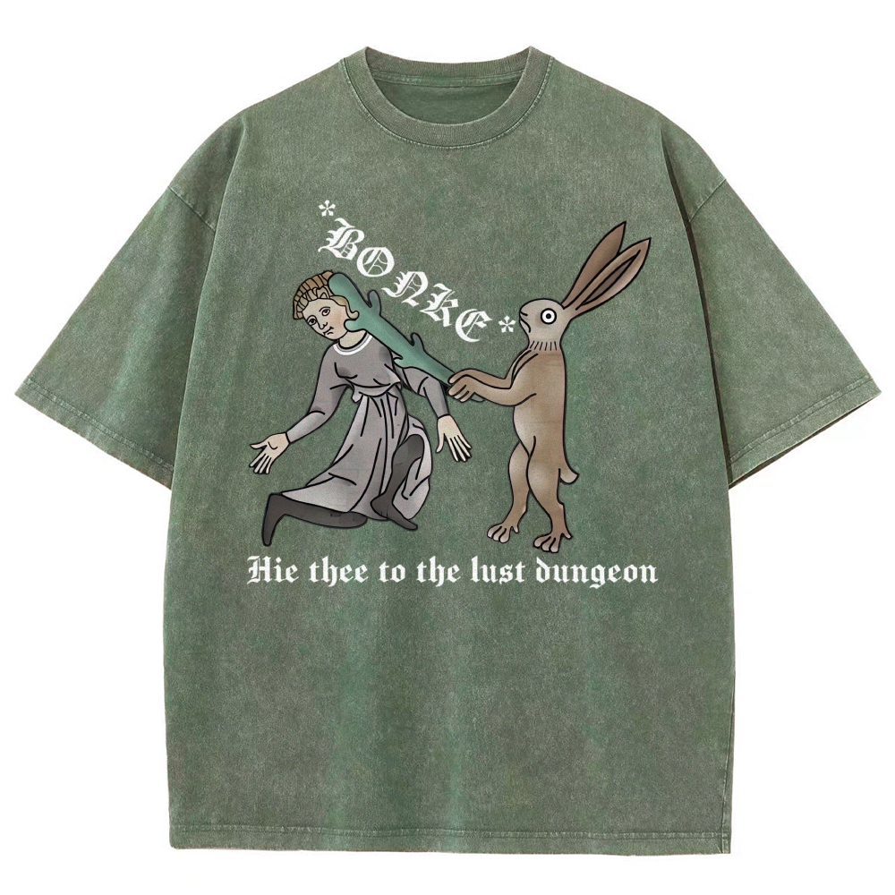 Medieval Manuscript Rabbit Bonking Lady Old English Script Vintage Washed T-Shirt