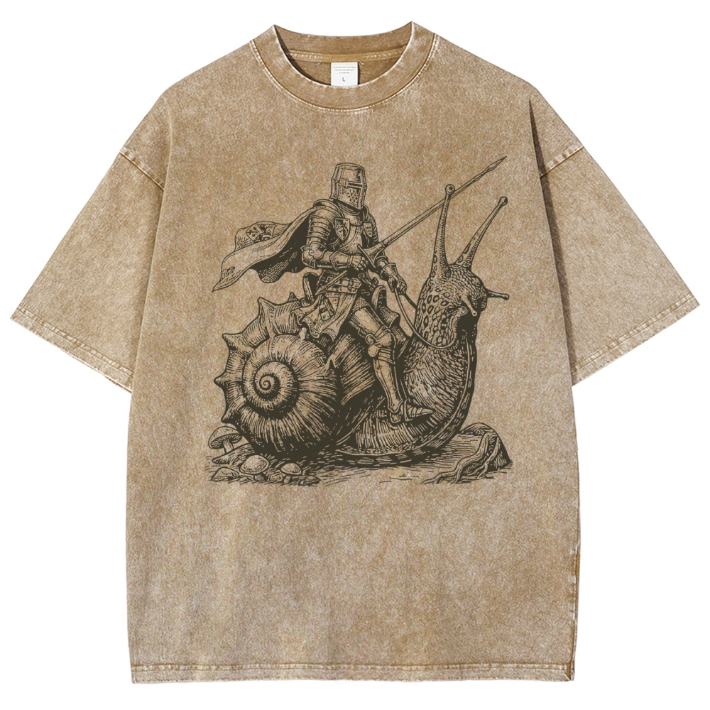 Medieval Armored Knight Riding Giant Snail Vintage Woodcut Vintage Washed T-Shirt