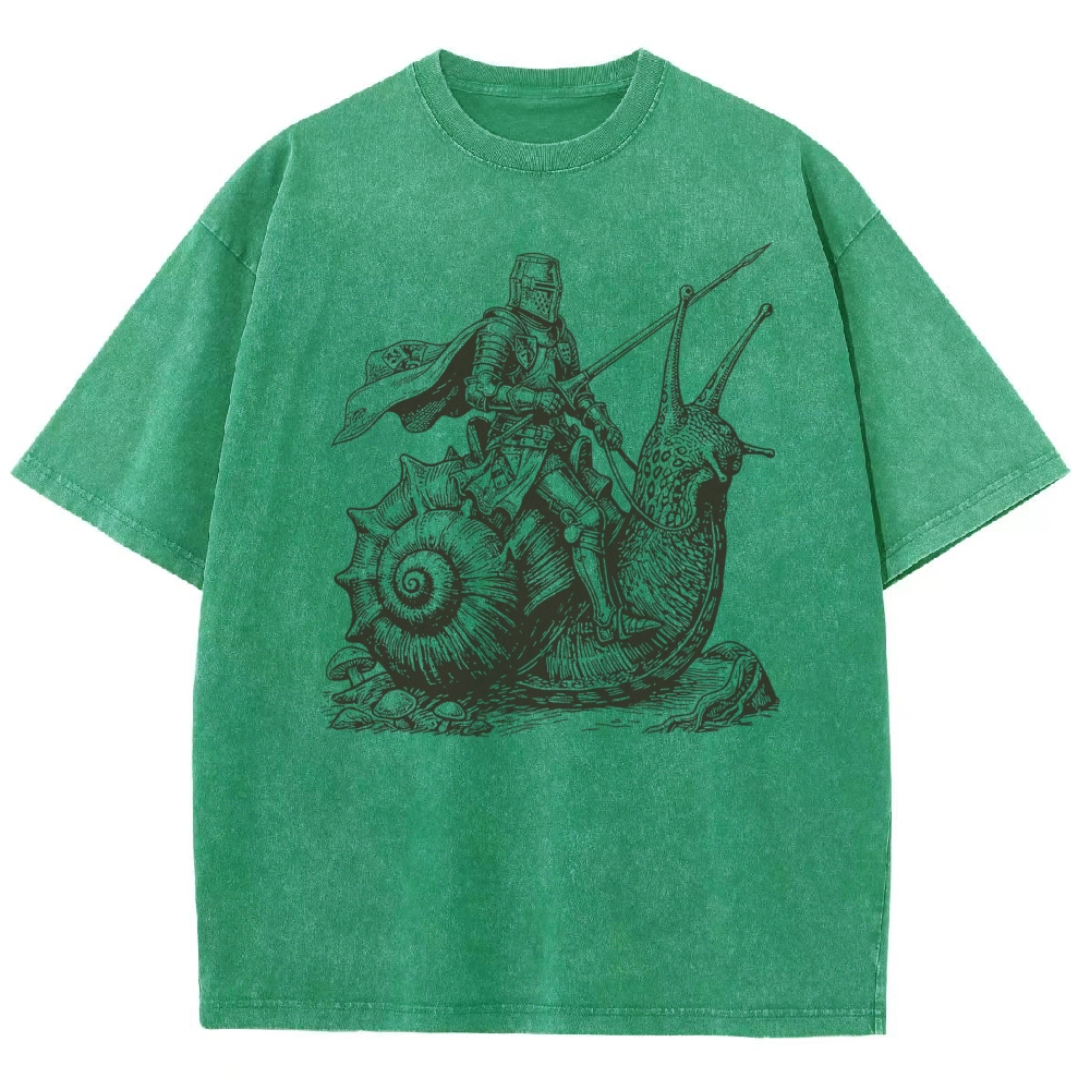 Medieval Armored Knight Riding Giant Snail Vintage Woodcut Vintage Washed T-Shirt