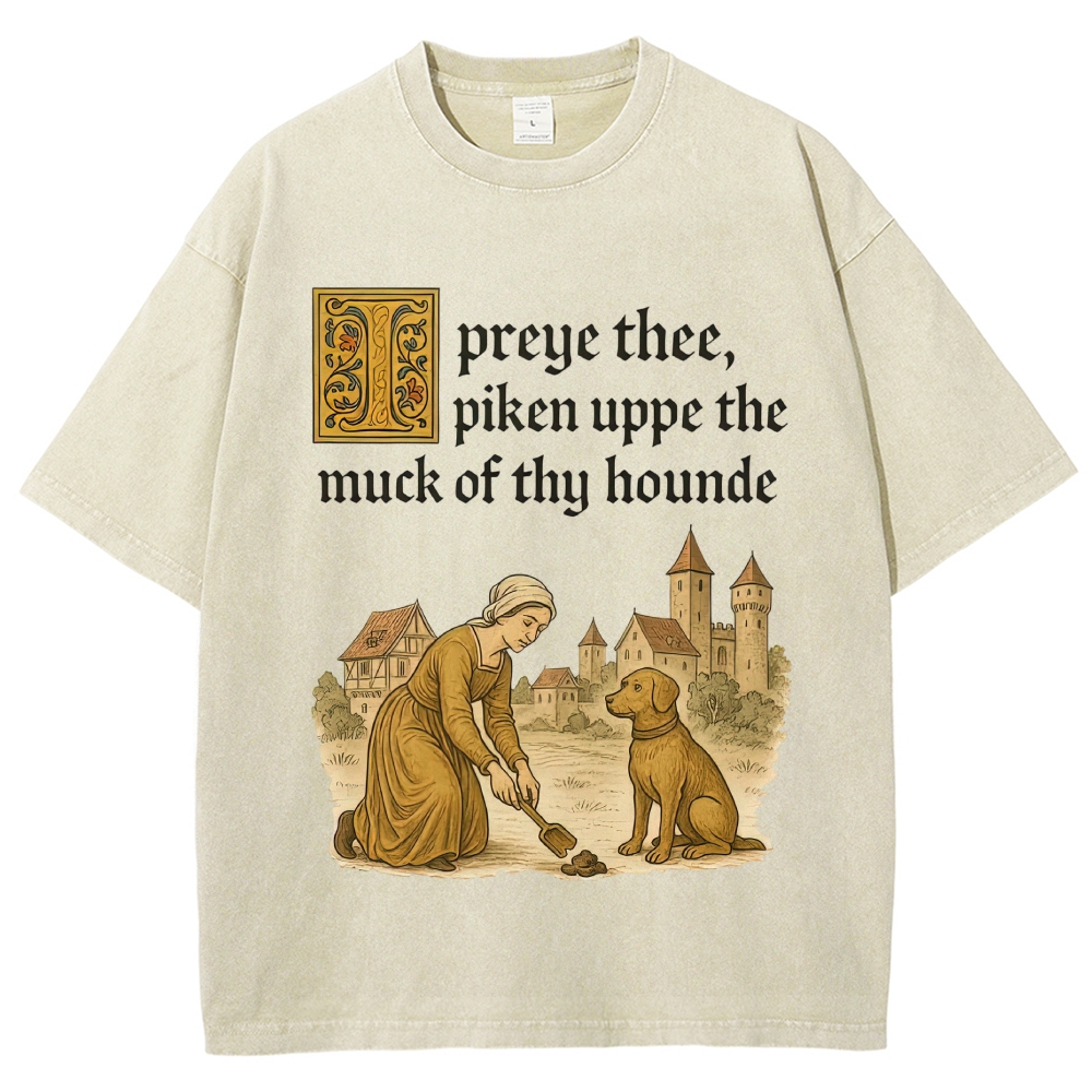 Medieval Peasant Woman Cleaning Dog Waste Old English Rural Vintage Washed T-Shirt