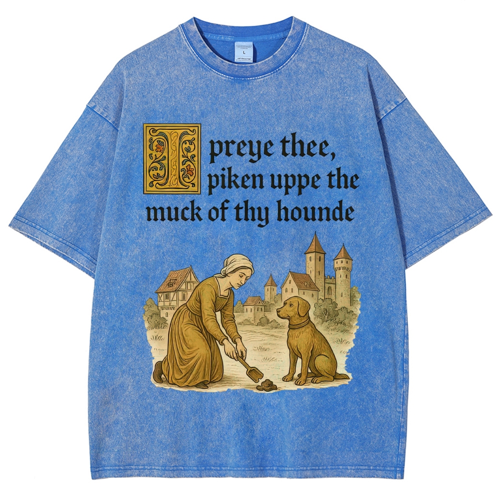 Medieval Peasant Woman Cleaning Dog Waste Old English Rural Vintage Washed T-Shirt