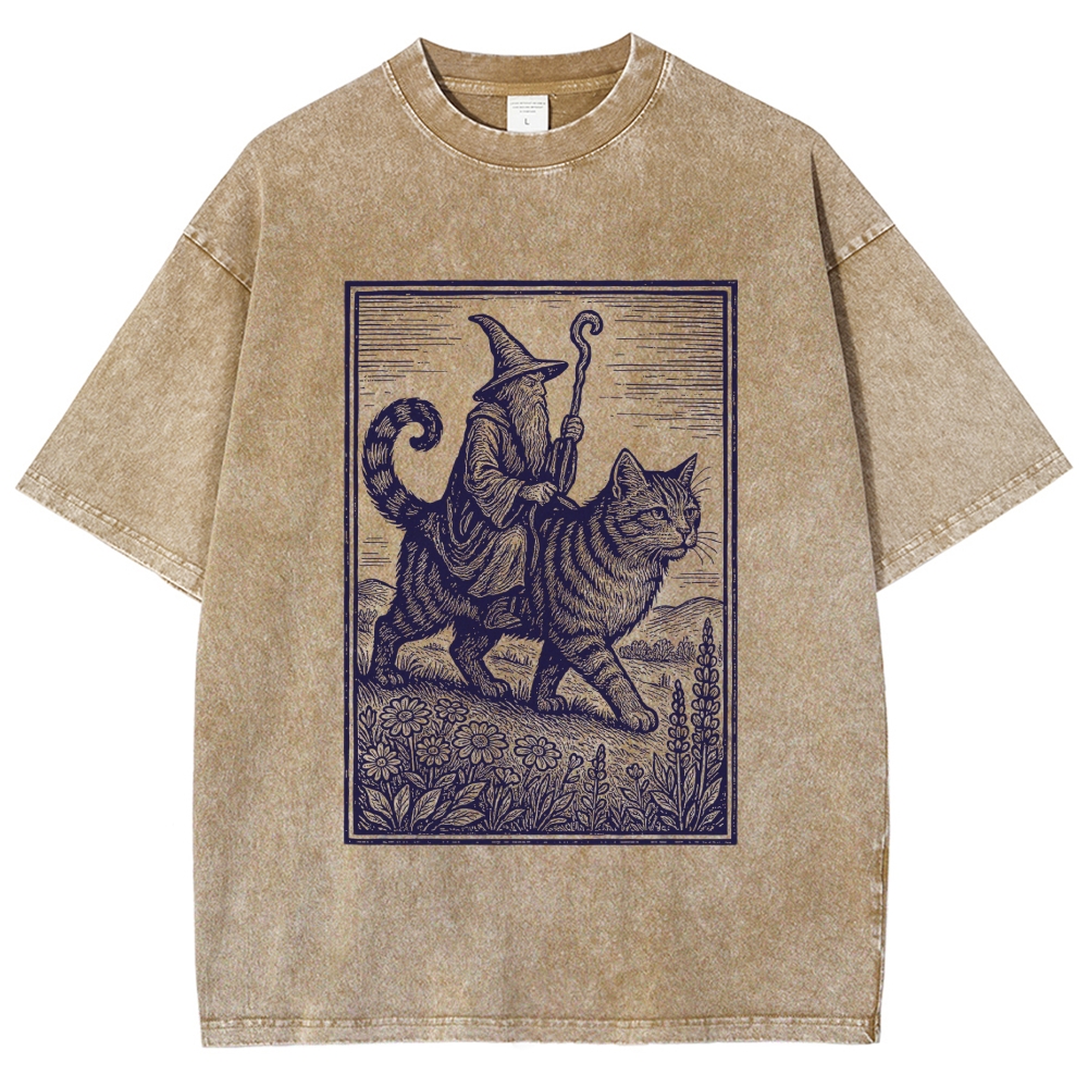 Woodcut Wizard Riding Giant Tabby Cat Wildflower Field Vintage Washed T-Shirt
