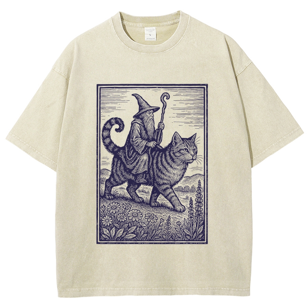 Woodcut Wizard Riding Giant Tabby Cat Wildflower Field Vintage Washed T-Shirt