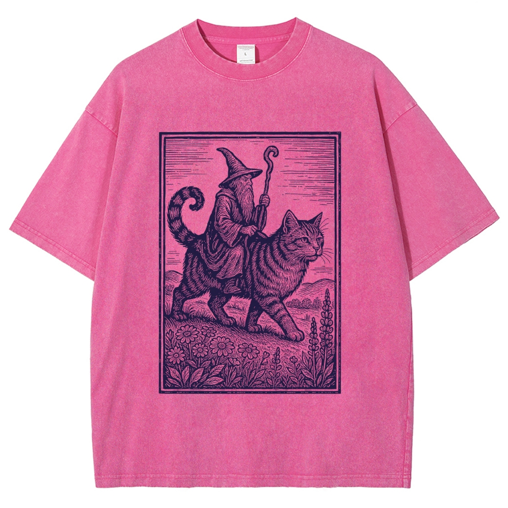 Woodcut Wizard Riding Giant Tabby Cat Wildflower Field Vintage Washed T-Shirt