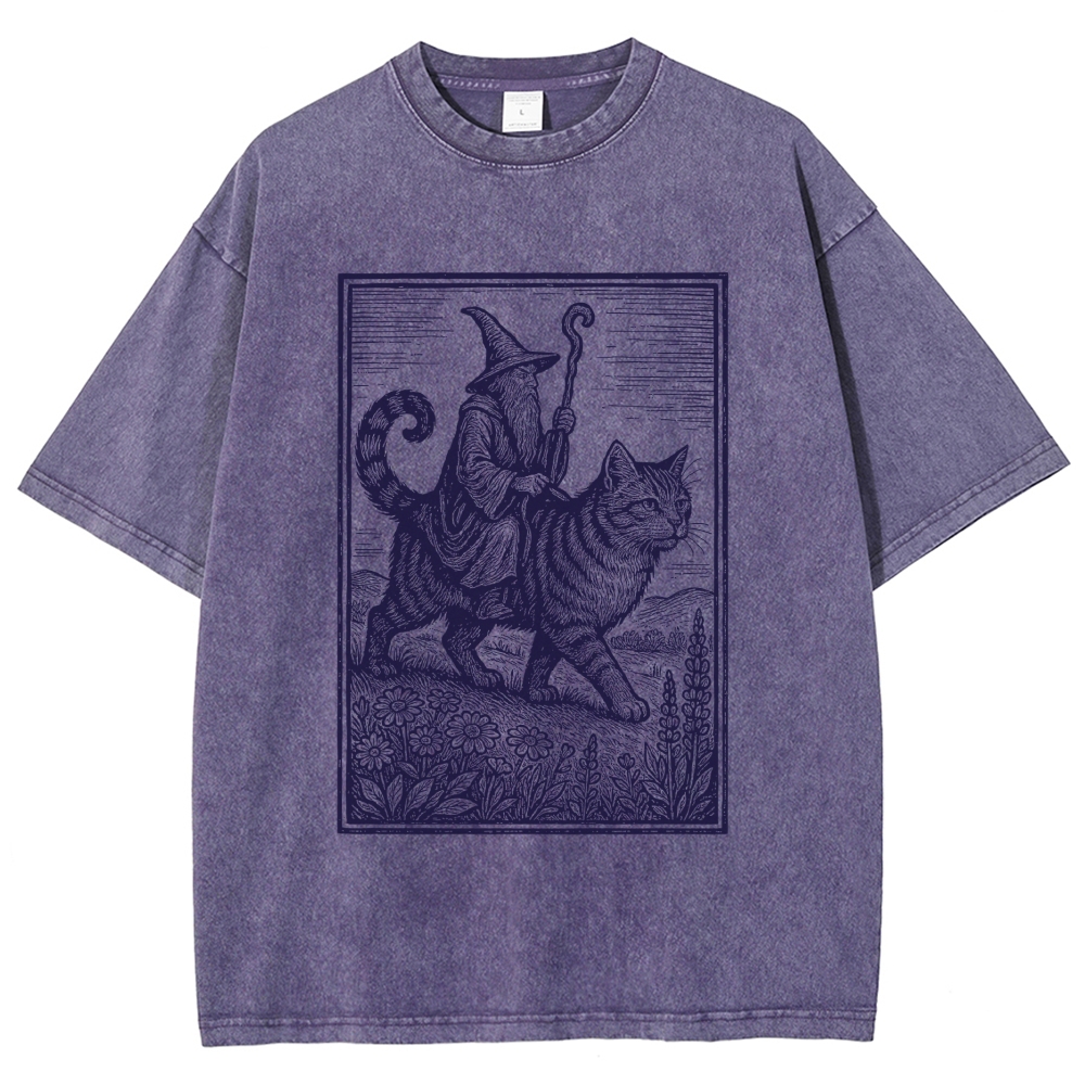 Woodcut Wizard Riding Giant Tabby Cat Wildflower Field Vintage Washed T-Shirt