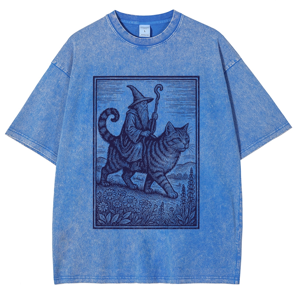 Woodcut Wizard Riding Giant Tabby Cat Wildflower Field Vintage Washed T-Shirt