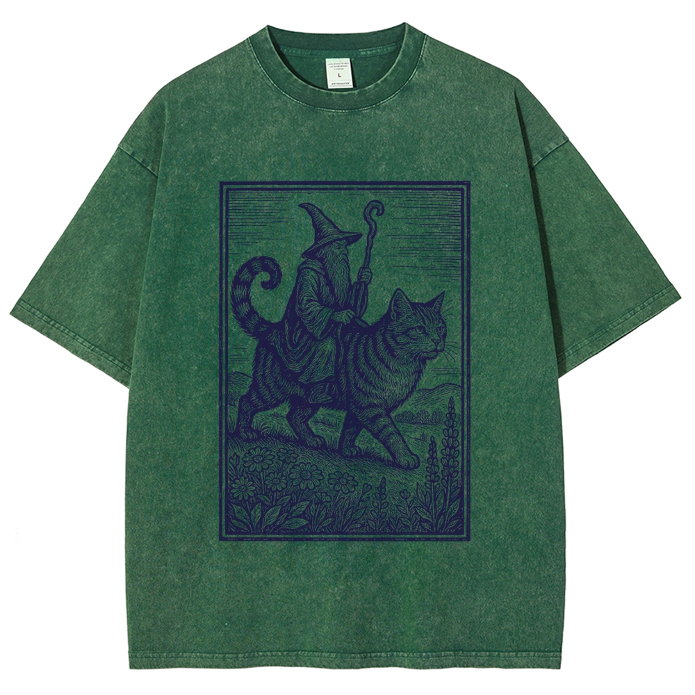 Woodcut Wizard Riding Giant Tabby Cat Wildflower Field Vintage Washed T-Shirt