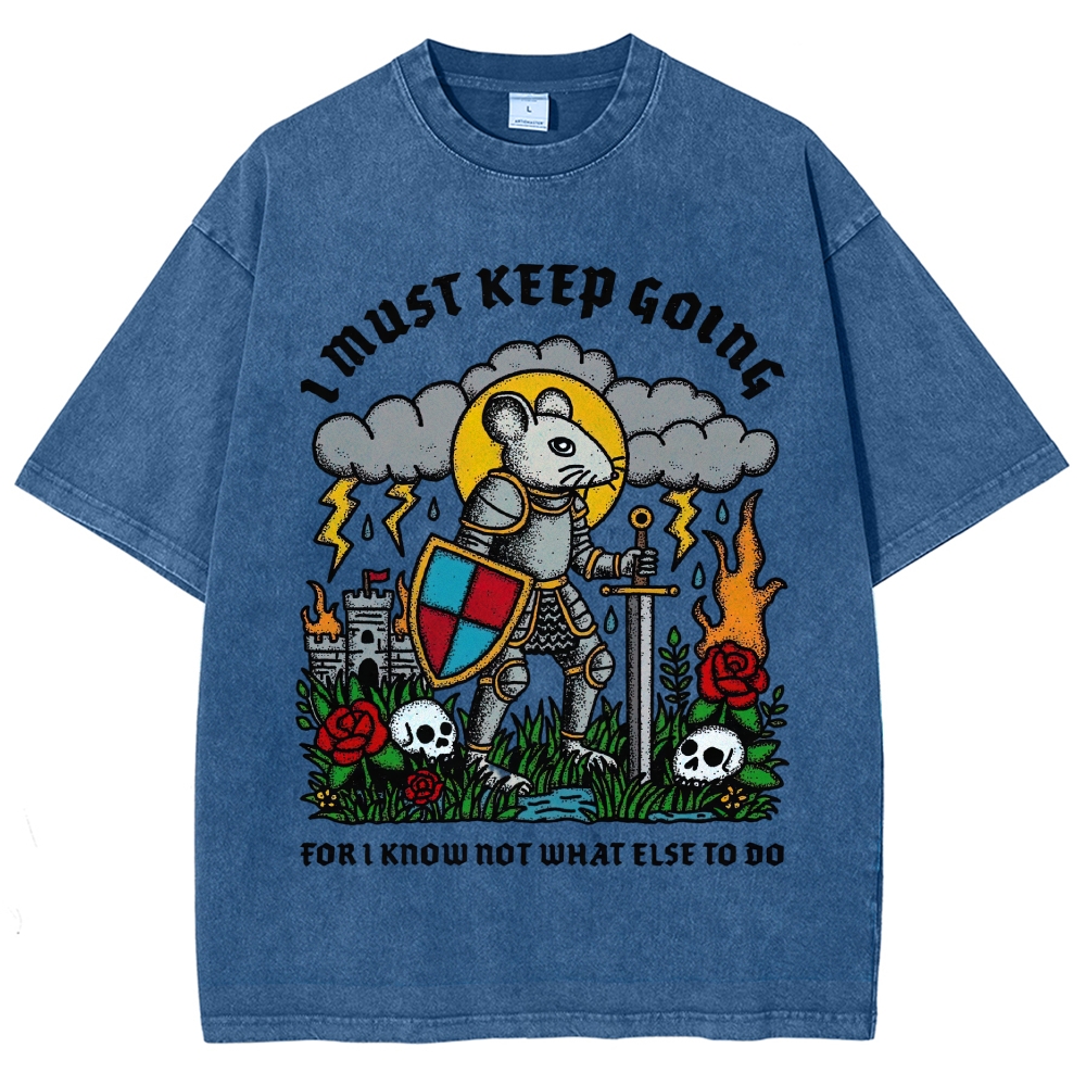 Medieval Armored Rat Knight Storm Rose Skull Retro Vintage Washed T-Shirt