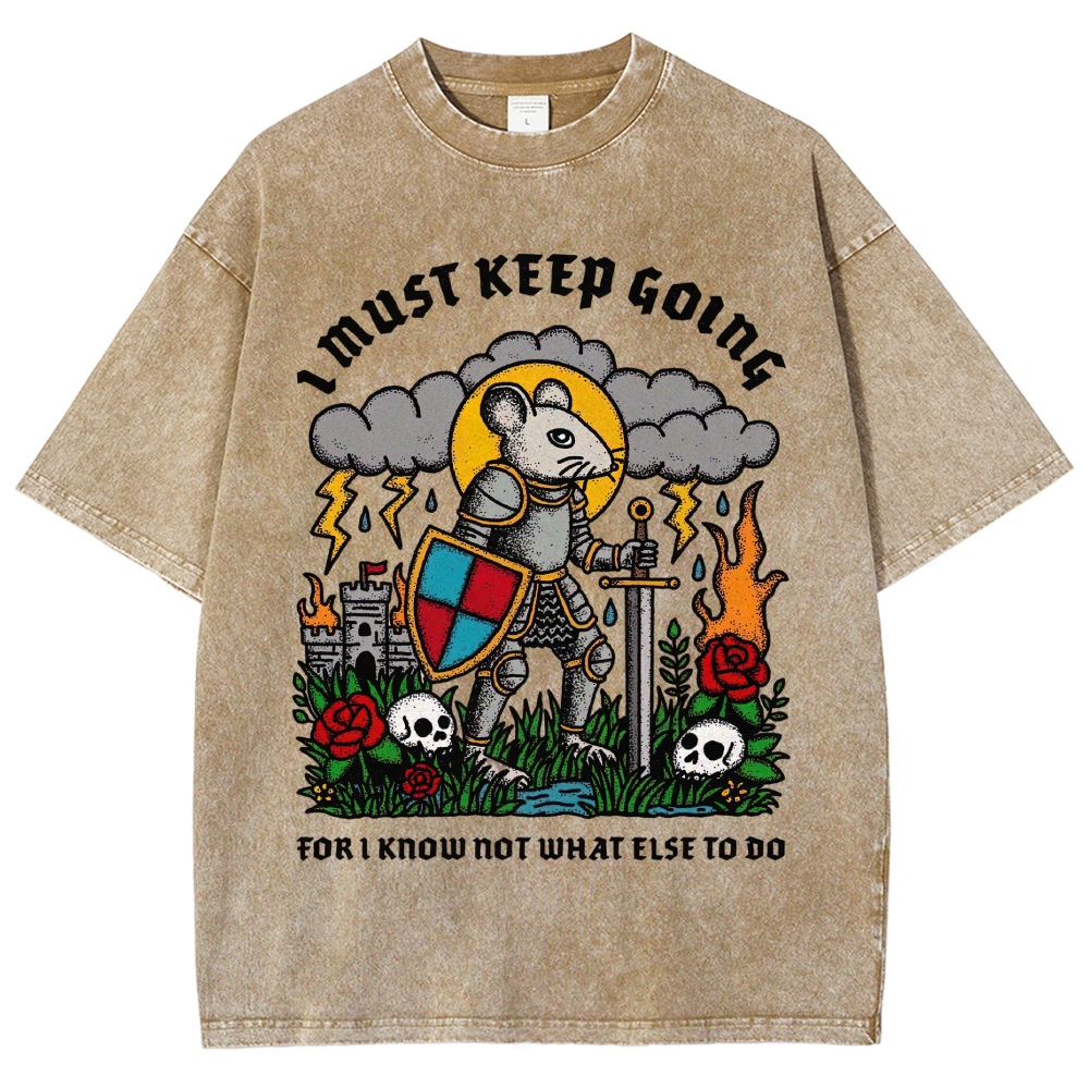 Medieval Armored Rat Knight Storm Rose Skull Retro Vintage Washed T-Shirt