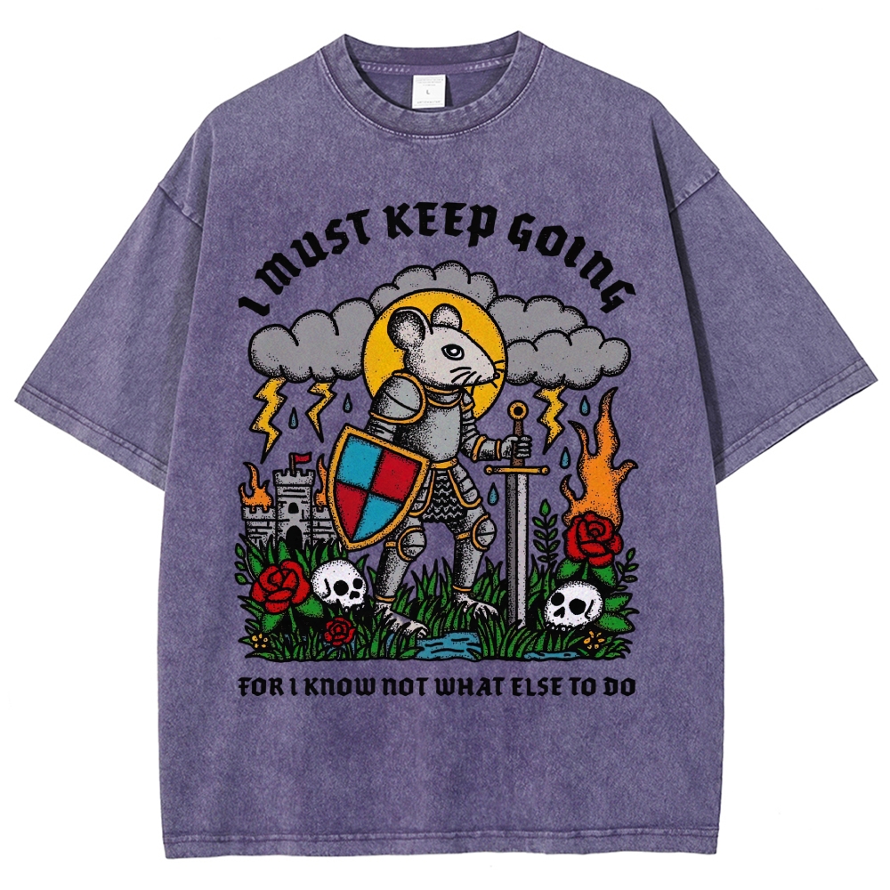 Medieval Armored Rat Knight Storm Rose Skull Retro Vintage Washed T-Shirt