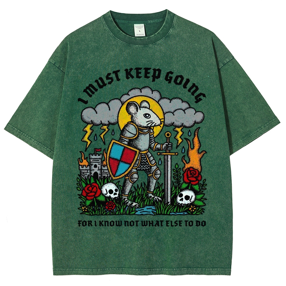 Medieval Armored Rat Knight Storm Rose Skull Retro Vintage Washed T-Shirt