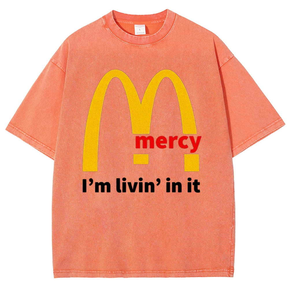 Parody Golden Arch Mercy Slogan Distressed Lavender Acid Vintage Washed T-Shirt