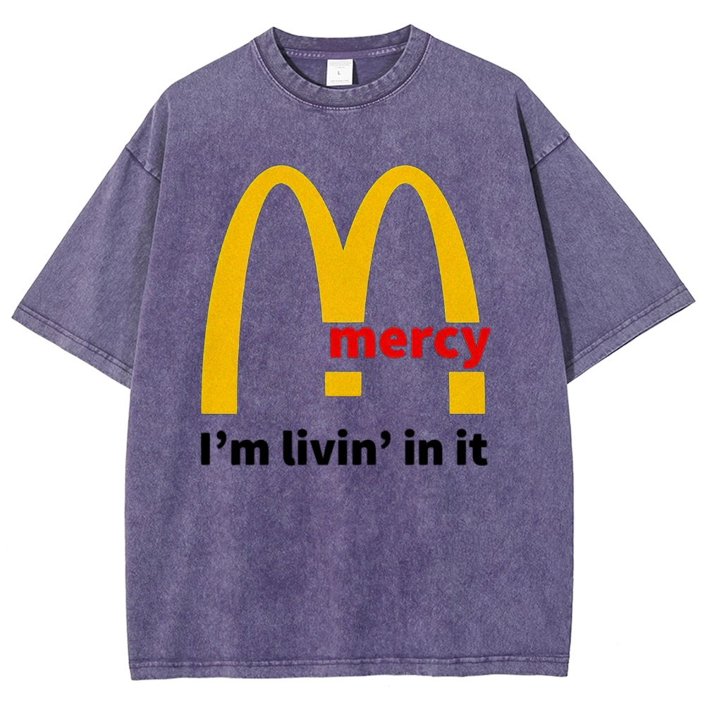 Parody Golden Arch Mercy Slogan Distressed Lavender Acid Vintage Washed T-Shirt