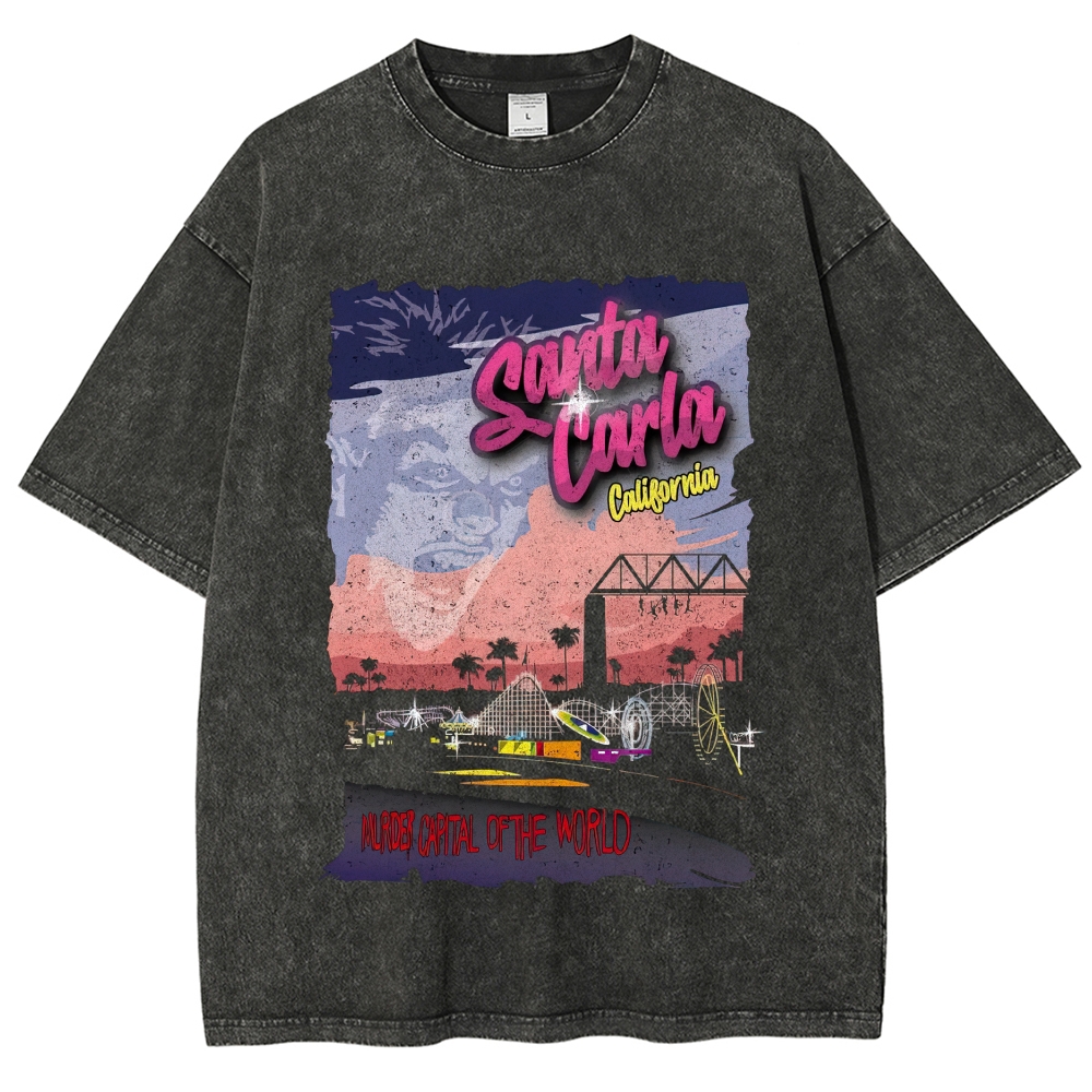 Retro Sunset Amusement Park "Santa Carla California" Grunge Distressed Vintage Washed T-Shirt