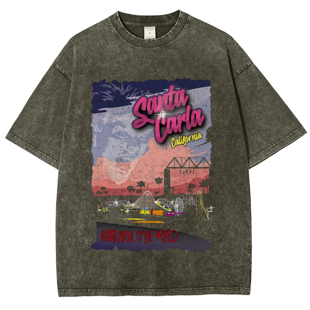 Retro Sunset Amusement Park "Santa Carla California" Grunge Distressed Vintage Washed T-Shirt