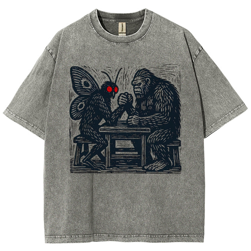 Woodcut Mothman Bigfoot Arm Wrestling Cryptid Monster Vintage Washed T-Shirt