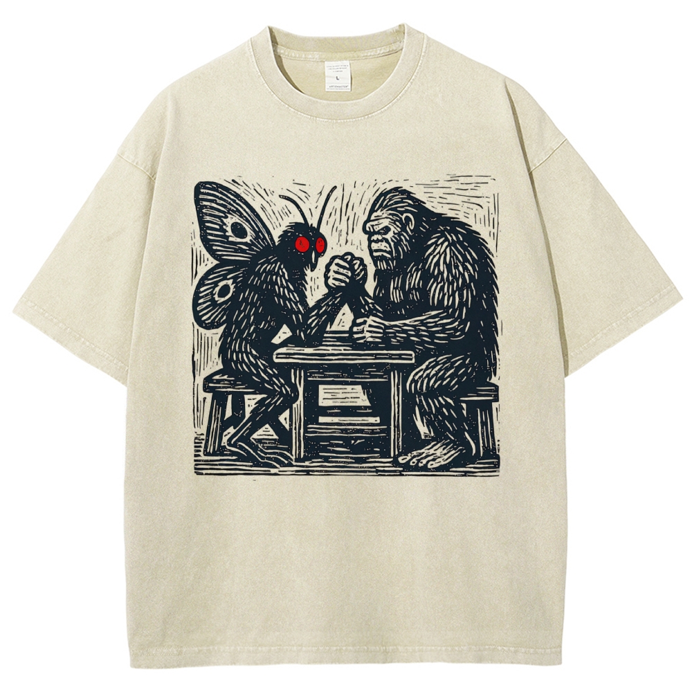 Woodcut Mothman Bigfoot Arm Wrestling Cryptid Monster Vintage Washed T-Shirt