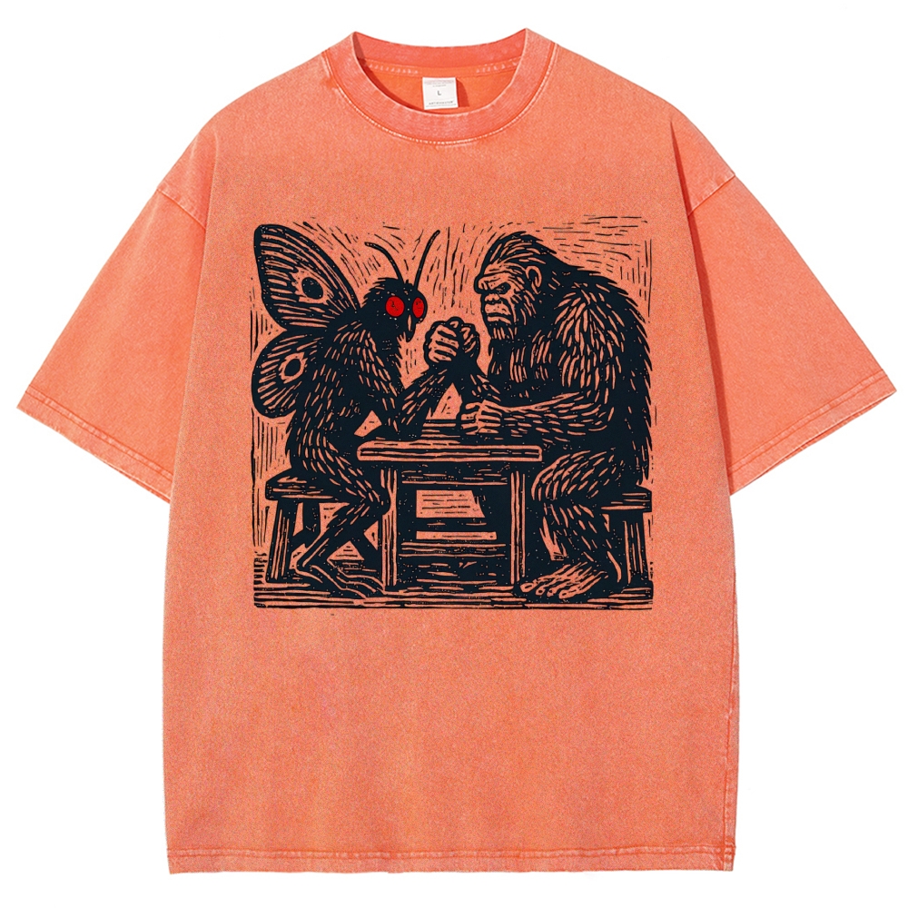 Woodcut Mothman Bigfoot Arm Wrestling Cryptid Monster Vintage Washed T-Shirt