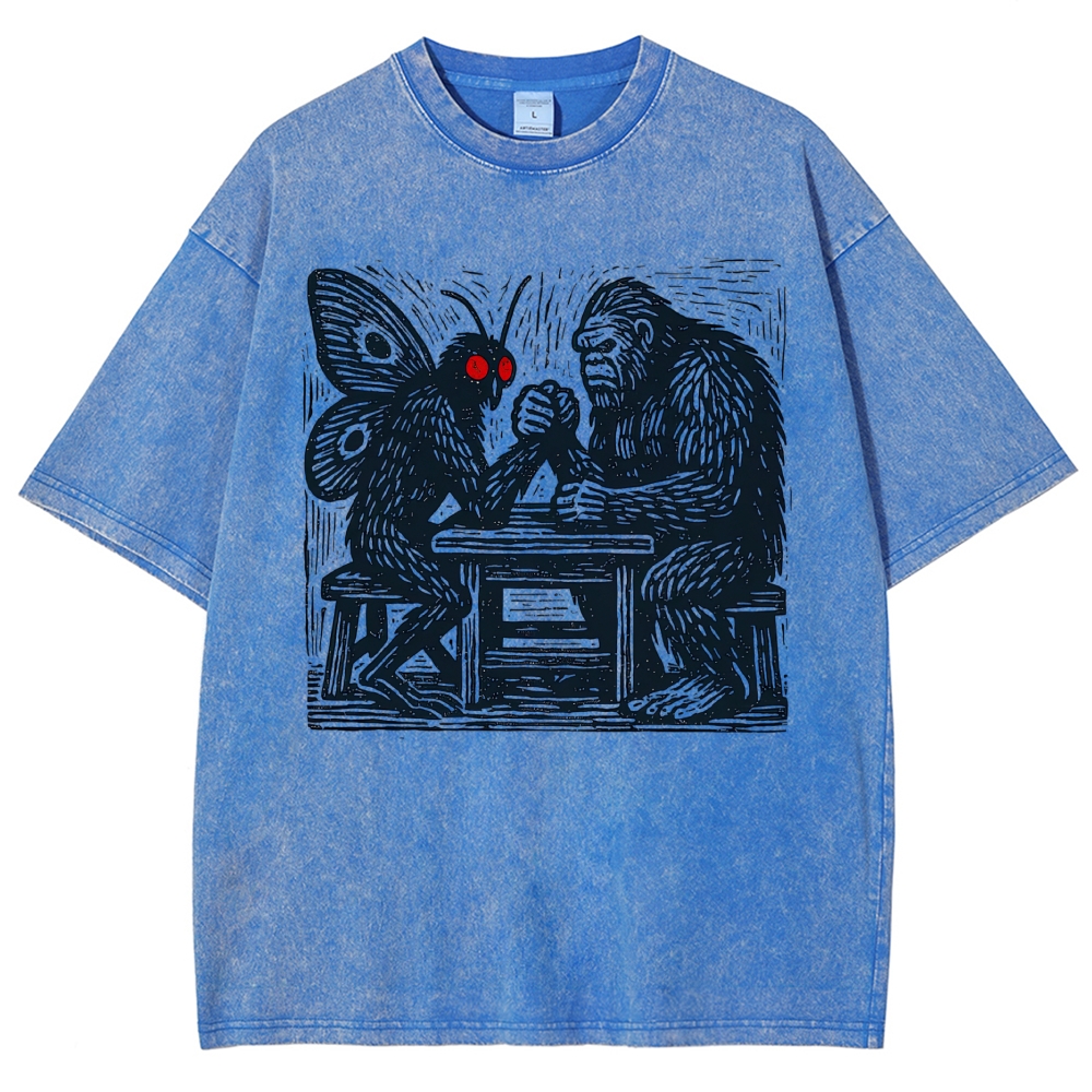 Woodcut Mothman Bigfoot Arm Wrestling Cryptid Monster Vintage Washed T-Shirt
