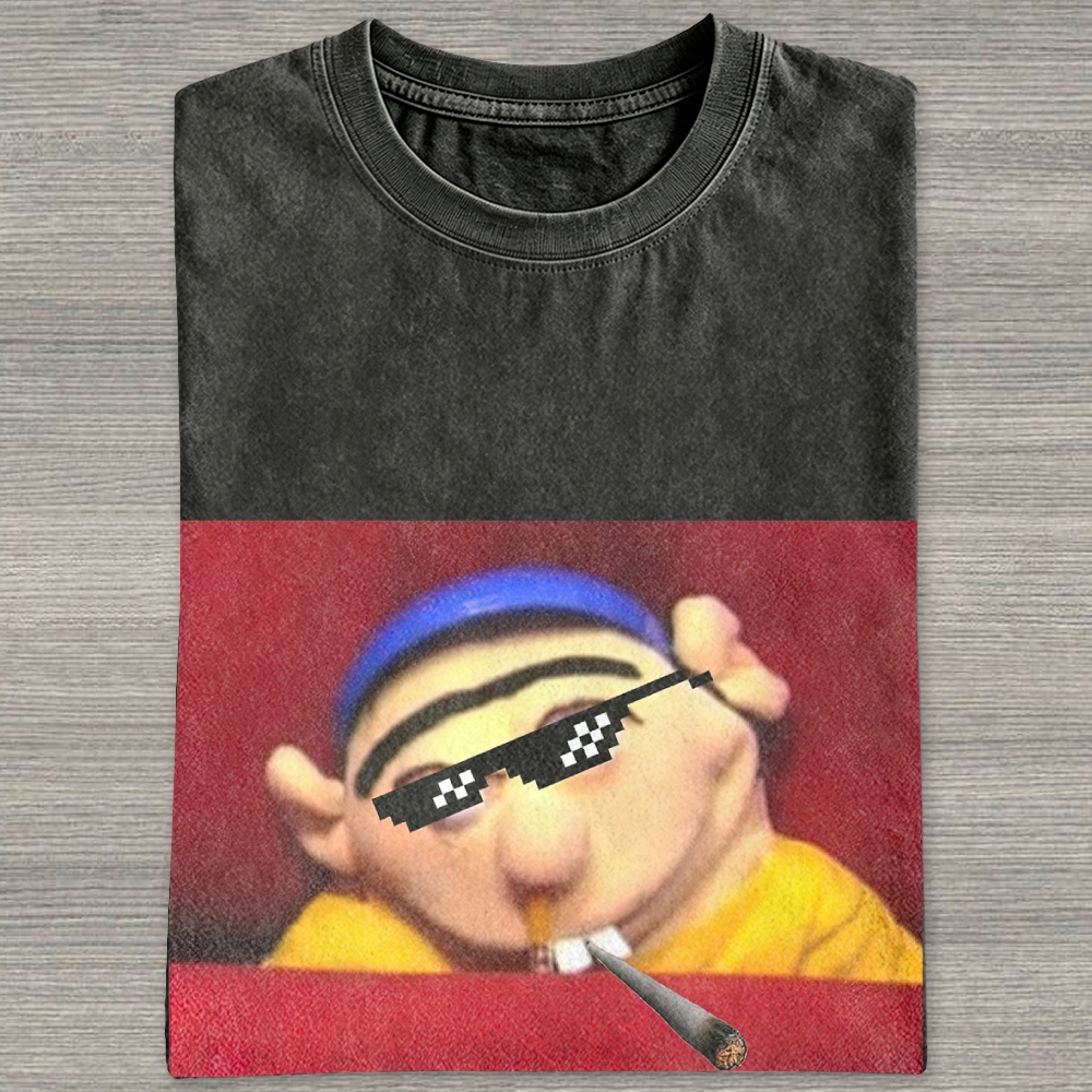 Pixel Shades Hip Hop Puppet Character Blunt Graphic Washed T-shirt