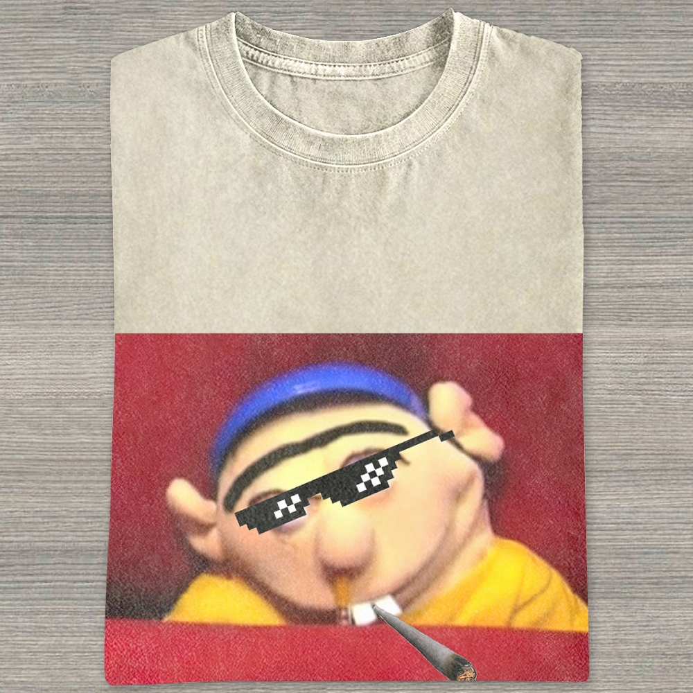 Pixel Shades Hip Hop Puppet Character Blunt Graphic Washed T-shirt