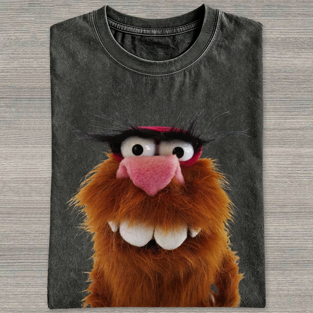 Furry Big Teeth Muppet Puppet Close Up Portrait Washed T-shirt