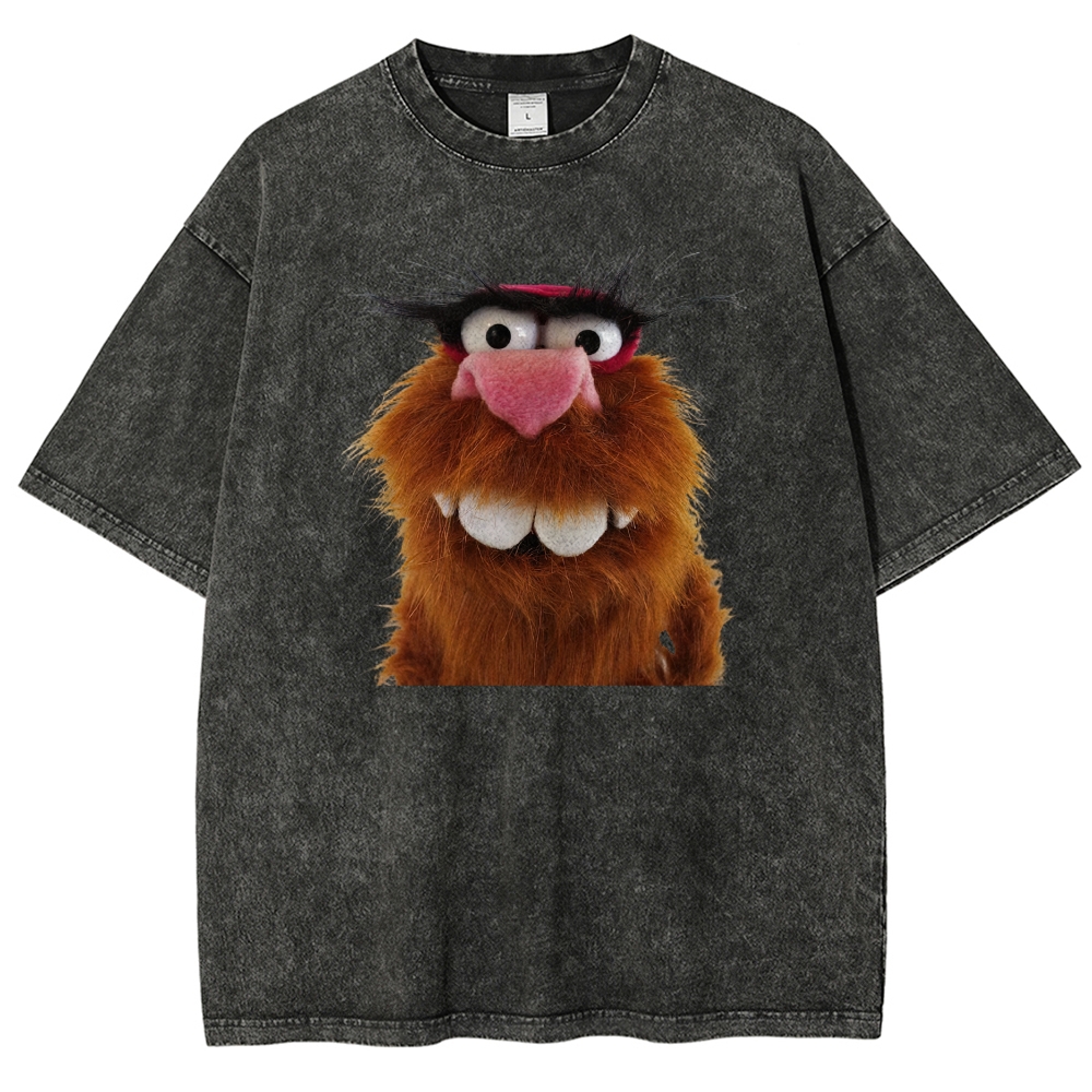 Furry Big Teeth Muppet Puppet Close Up Portrait Washed T-shirt