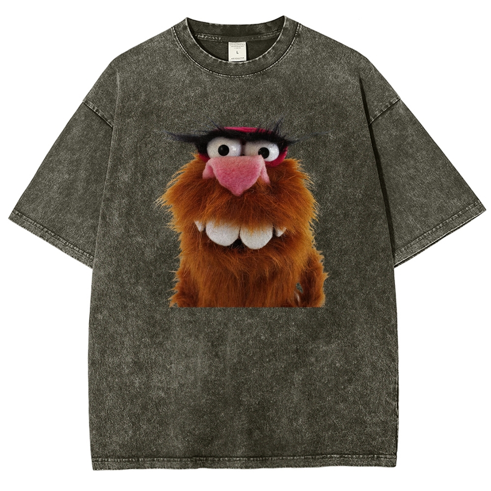 Furry Big Teeth Muppet Puppet Close Up Portrait Washed T-shirt