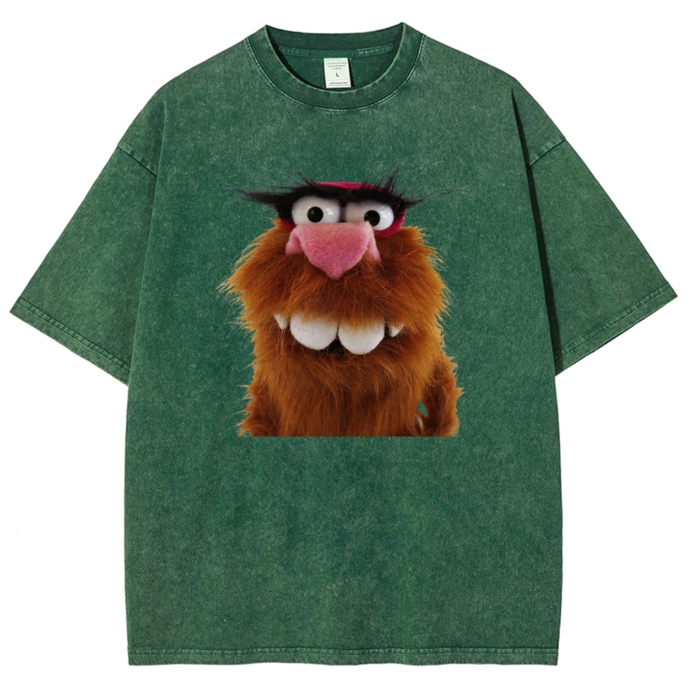 Furry Big Teeth Muppet Puppet Close Up Portrait Washed T-shirt