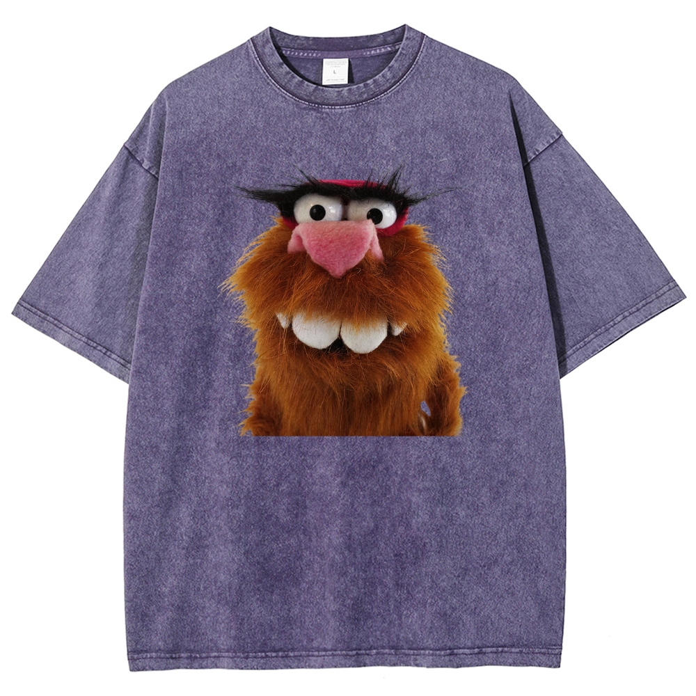 Furry Big Teeth Muppet Puppet Close Up Portrait Washed T-shirt