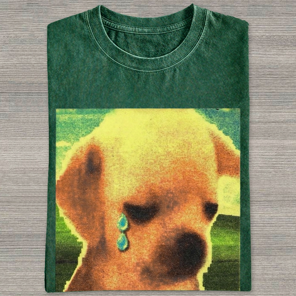 Grainy Sad Crying Puppy Nostalgic Washed T-shirt 