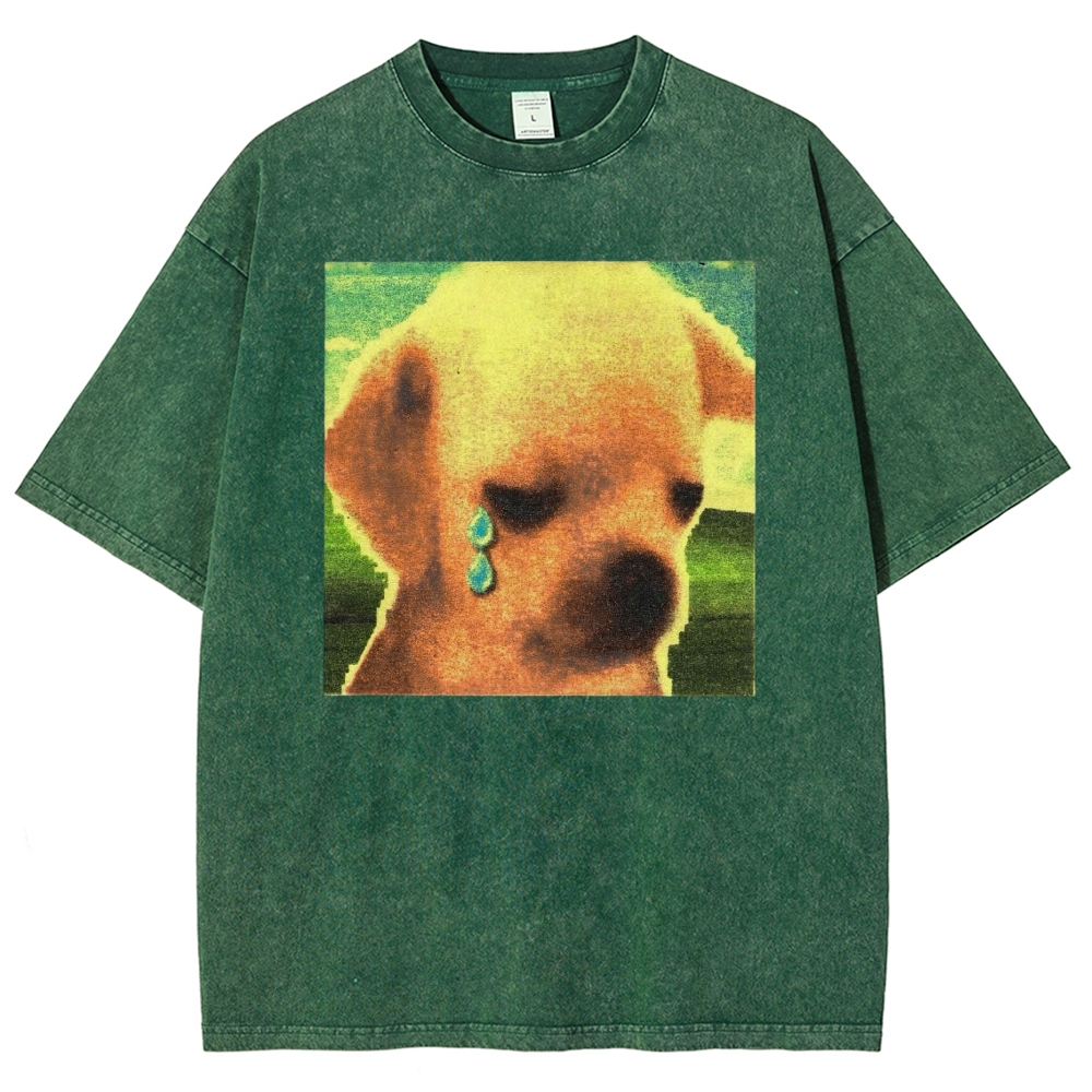 Grainy Sad Crying Puppy Nostalgic Washed T-shirt 