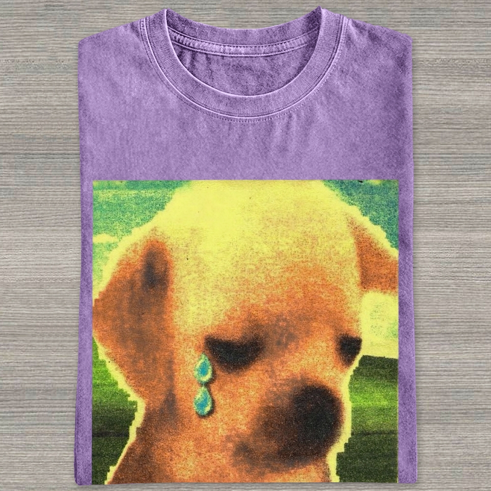 Grainy Sad Crying Puppy Nostalgic Washed T-shirt 